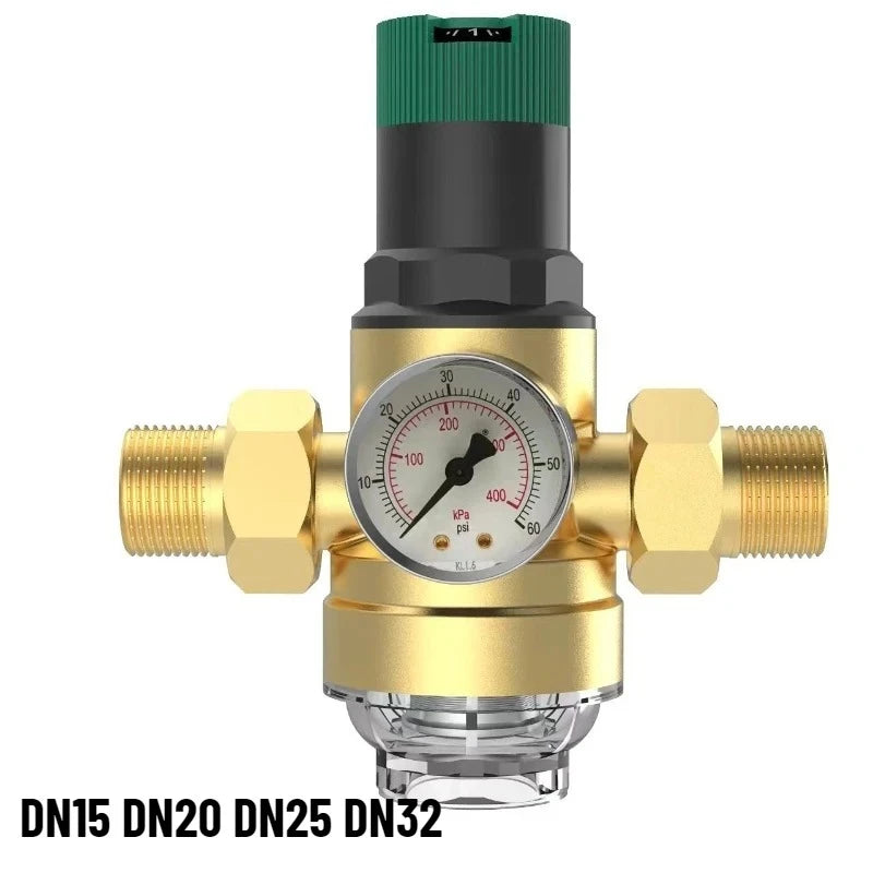 Tap Water Pressure Reducing Valve Adjustable Brass Double Union Pipe Water Purification with Gauge Filter Valve DN15/20/25/32
