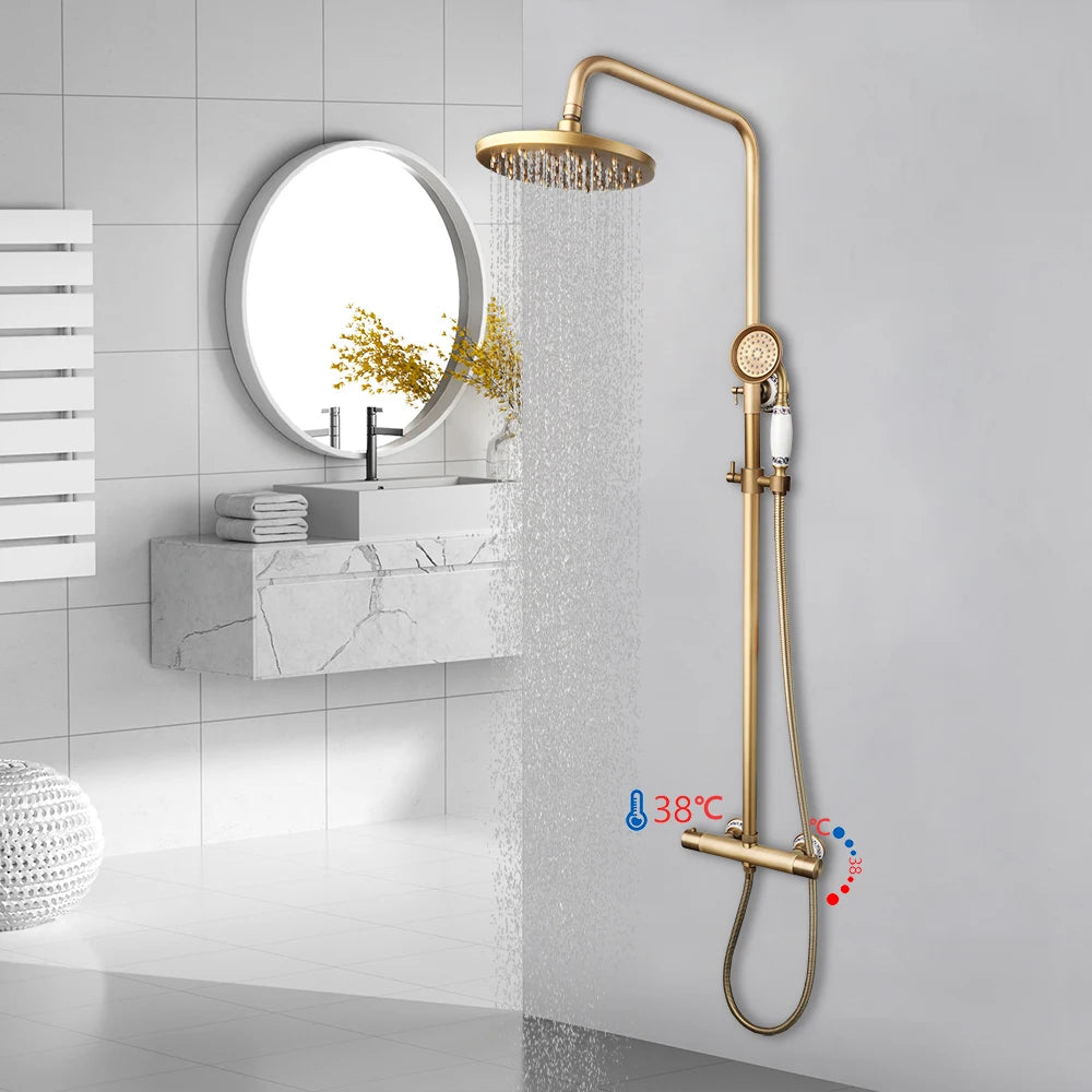 JIENI Bathroom Thermostatic Shower Faucet Set Antique Brass Wall Mounted Rainfall Shower Head W/ Single Handle Control Mixer Tap