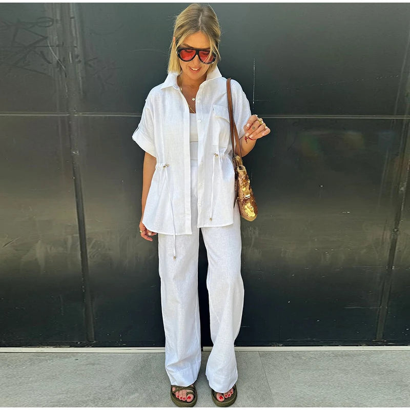 Casual Drawstring Shirt Pants Set Women Lapel Button Short Sleeve Pocket Loose Top Wide Leg Pants 2025 Chic Summer Women's Suit