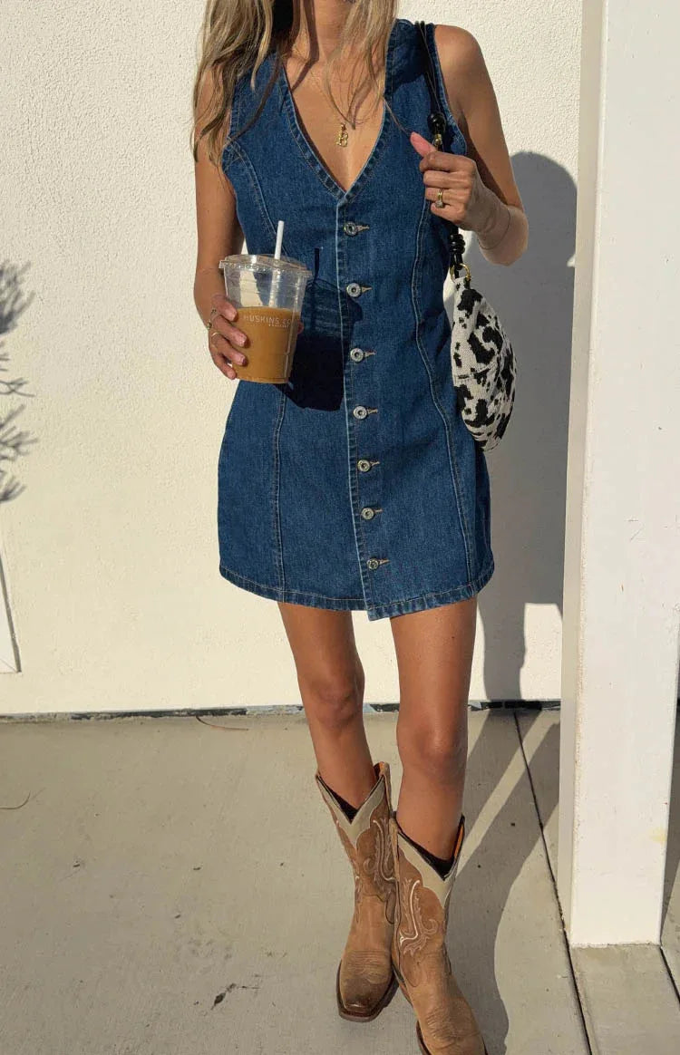 Women's Retro Spicy Girl Design Sleeveless Denim Dress Spring Summer Washed Denim Short Skirt High Waist V-neck Dress for Women