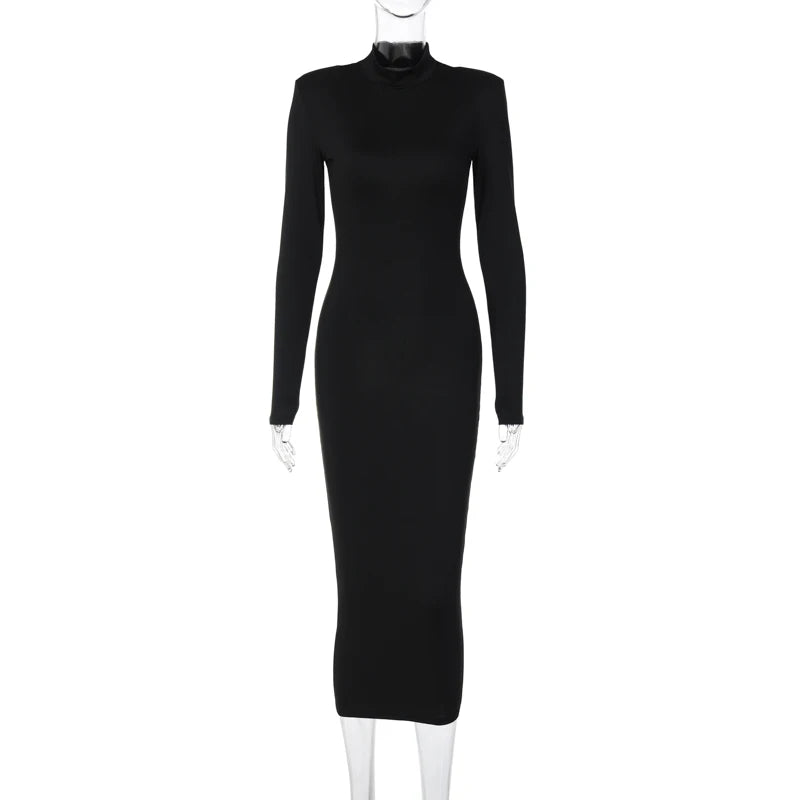 Hugcitar Women Fashion Turtleneck Long Sleeves Black Sexy Bodycon Maxi Prom Dress Fall Casual Clothes Streetwear Party Festival