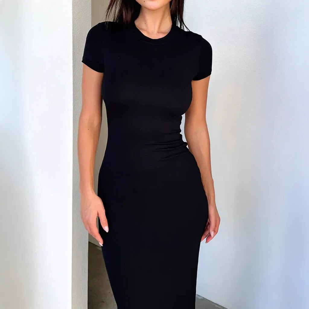 Sexy Skinny Women's Bodycon Party Dress Fashion O-neck Short Sleeve Solid Color Wraped Hip Package Long Dress Female Sexy Dress