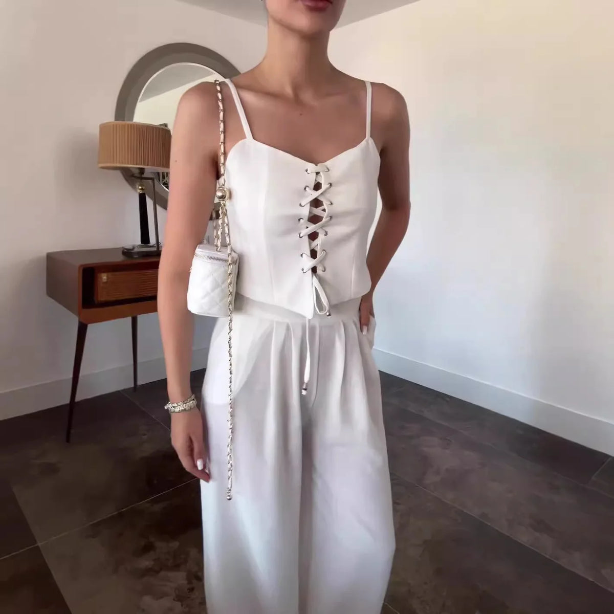 Summer Leisure High Street Outfit Office Lady Solid Color Slim Two Piece Set Chic Sleeveless Bandage Tank Tops&Pocket Pants Suit