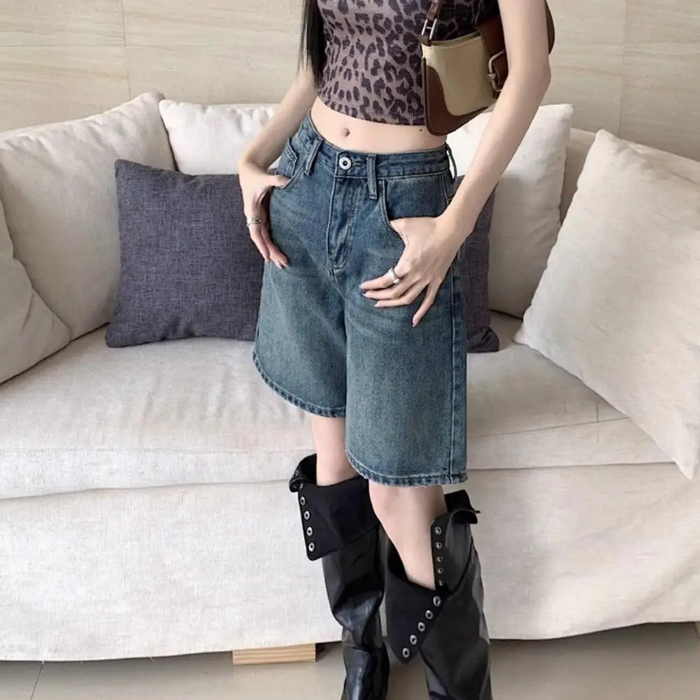Retro Style Women Denim Shorts High Waist Vintage Washed Straight Wide Leg Button Zipper Knee Length Jeans Shorts Summer