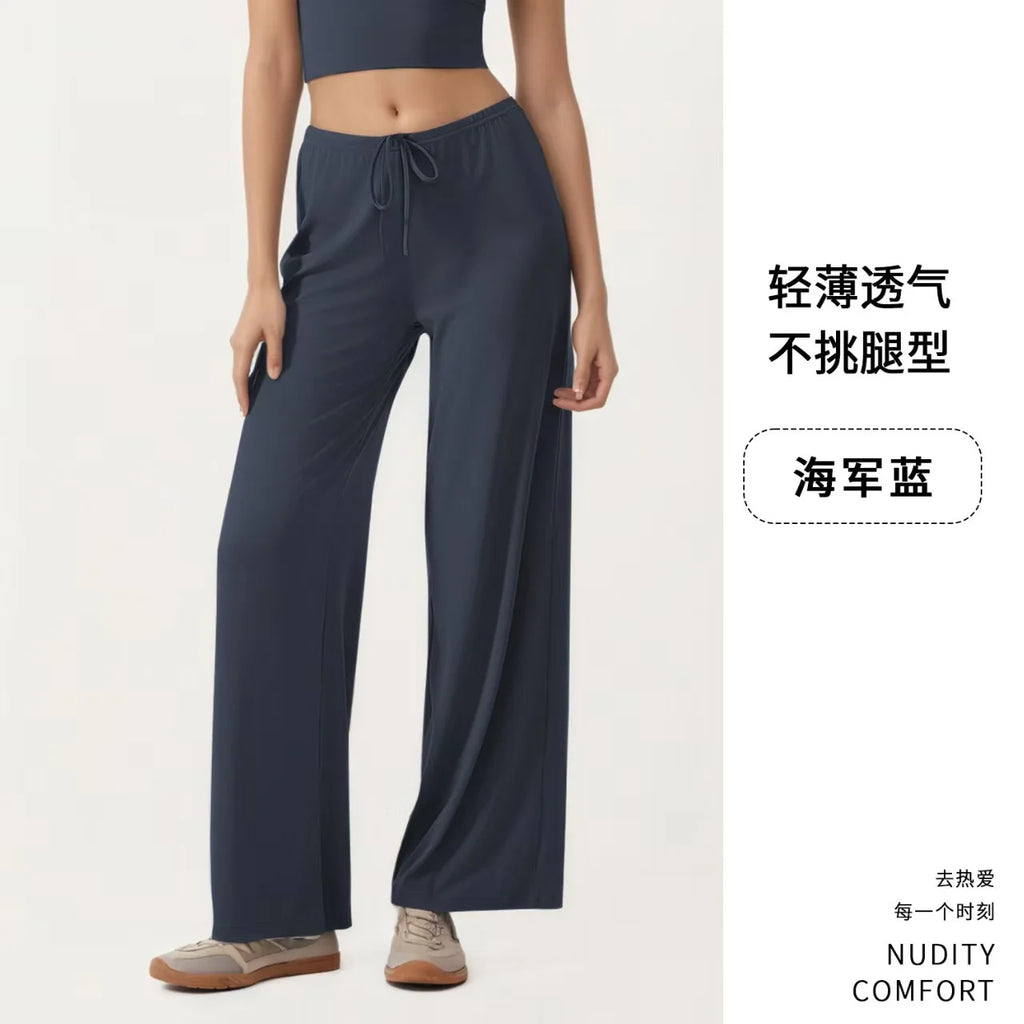 Women Wide Leg Yoga Pants Drawstring Loose Drape Straight Leg Long Pants Fitness Running Pilates Training Sports Trousers