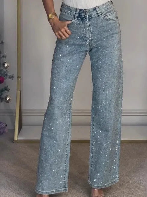 Sexy High Waist Straight Leg Women's Jeans Diamond Washed Cotton Blend Long Pants Trendy Fashionable Ladies Premium Denim