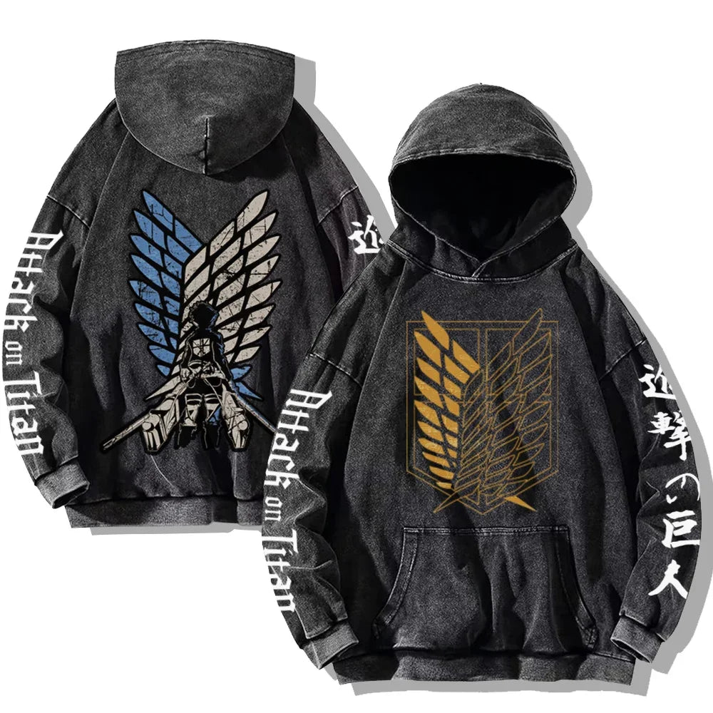 Vintage Washed Men's Hoodies Shield Print Hooded Sweatshirt Hip Hop Streetwear Y2K Hooded Pullover Y2K Loose Casual Tops