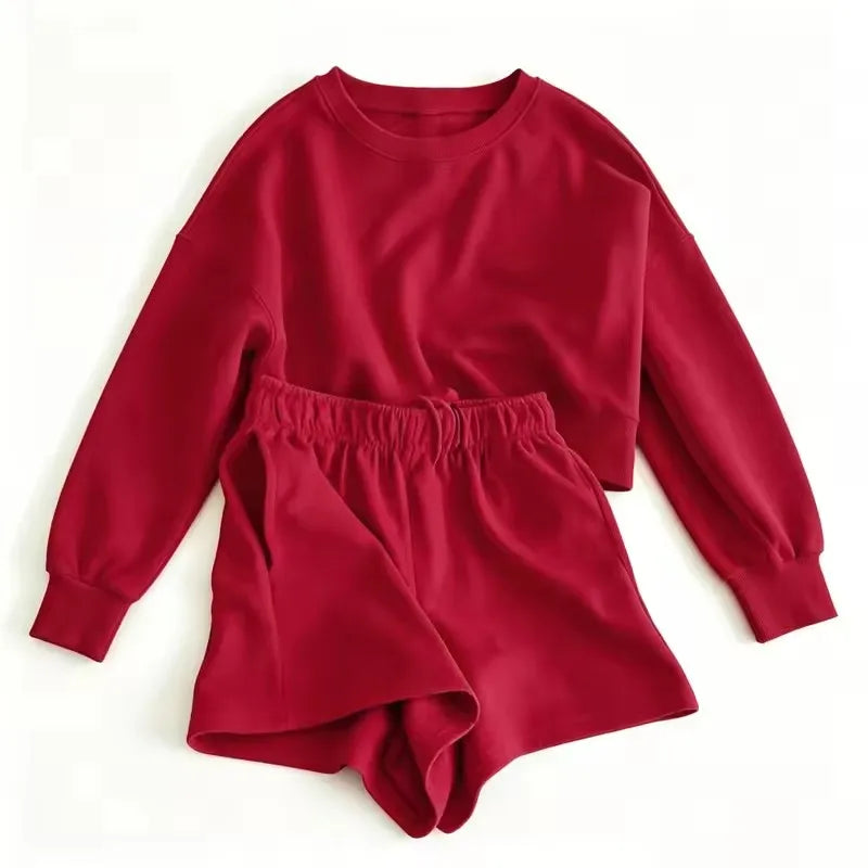 spring autumn Womens Round neck long sleeve Sweatshirt Two Piece Set Casual Sweatshirt+shorts Womens suit Daily Womens Tracksuit
