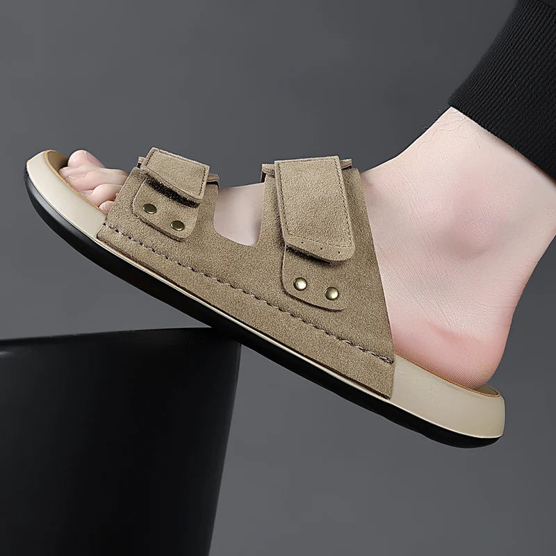Men Sandals Canvas Luxury Pu Leather Men's Beach Sandal Footwear 2026 Autumn Male Casual Shoes Comfort Anti Slip Outsole Adult 7