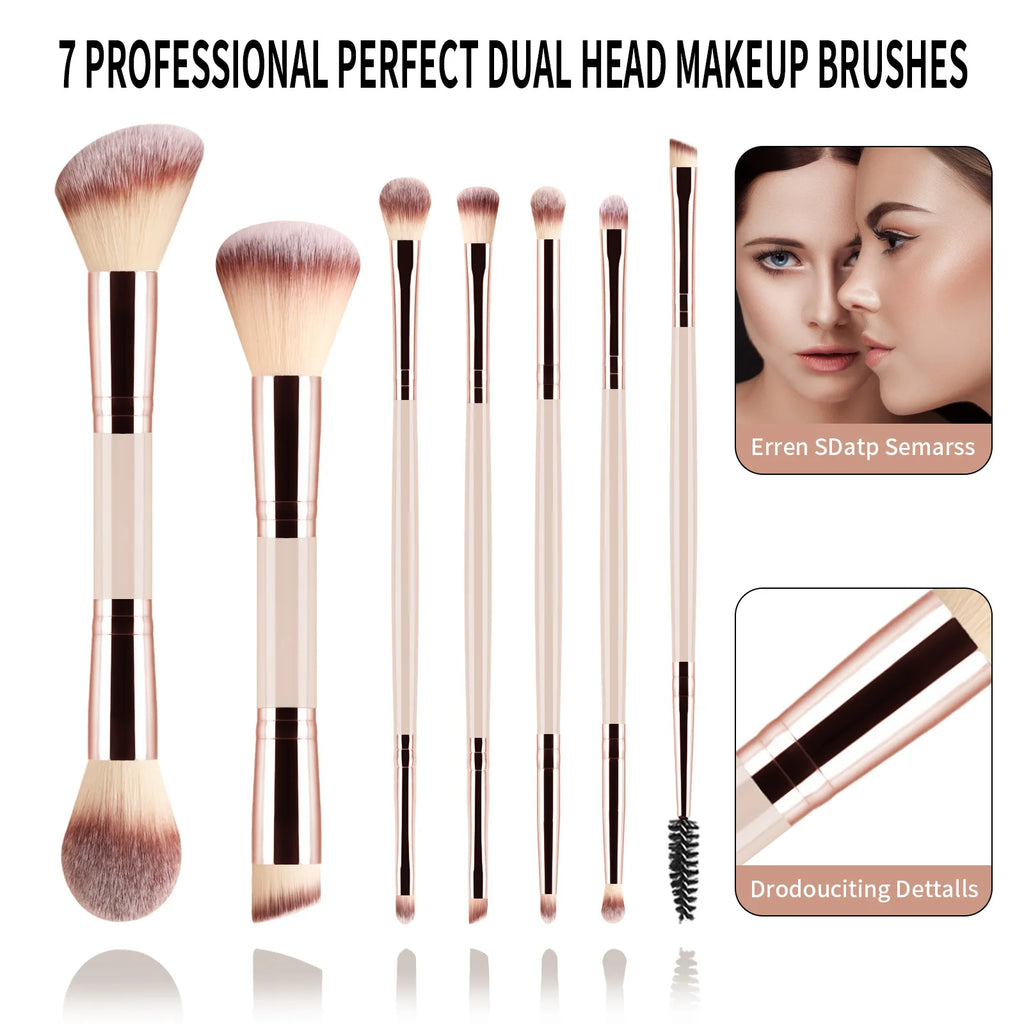 7 double-ended makeup brushes, loose powder brush, foundation brush, eyeshadow brush, eyebrow brush, soft hair beauty tool.