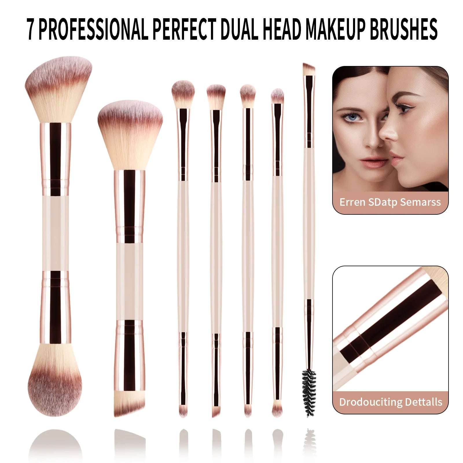7 double-ended makeup brushes, loose powder brush, foundation brush, eyeshadow brush, eyebrow brush, soft hair beauty tool.