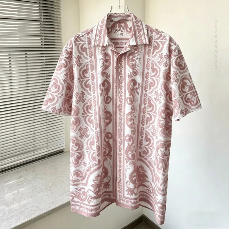 Men's shirts, summer Baroque printed shirts, loose oversized retro short sleeved shirts, vacation style versatile men's tops