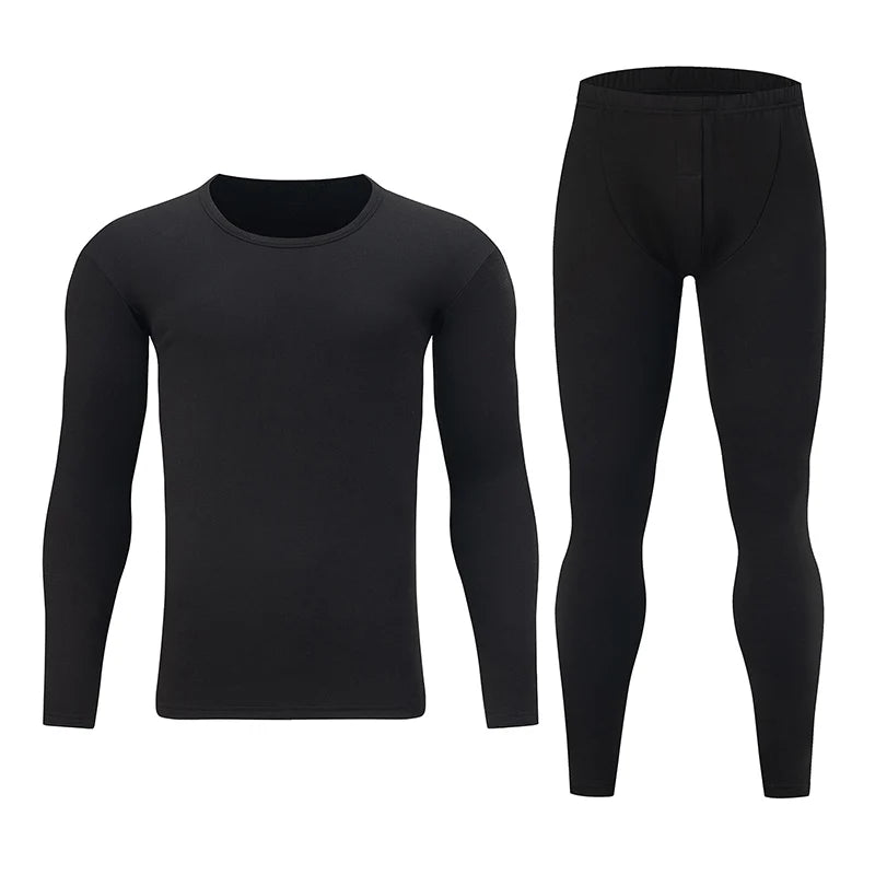 2-piece Men's Autumn/Winter Black Fashionable Versatile Warm Base Set Youth Round Neck Long Sleeved T-shirt Elastic Waisted Pant