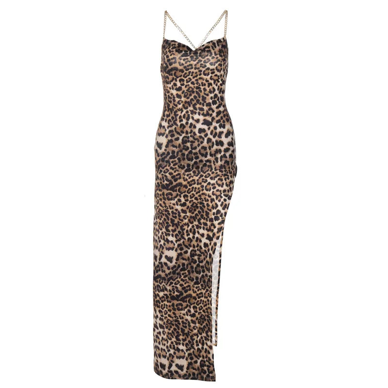 Leopard Print Women Chain Strap Side Slit Maxi Dress Backless Bodycon Sexy Streetwear Festival 2024 Evening Elegant