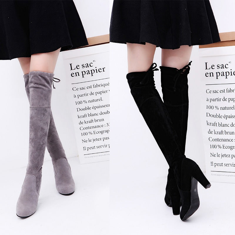 Brand Thigh High Botines Mujer Plush Fur Shoes Winter Stovepipe Stretch Over Knee Long Boots Women Lace-up Velvet Knight Bottes