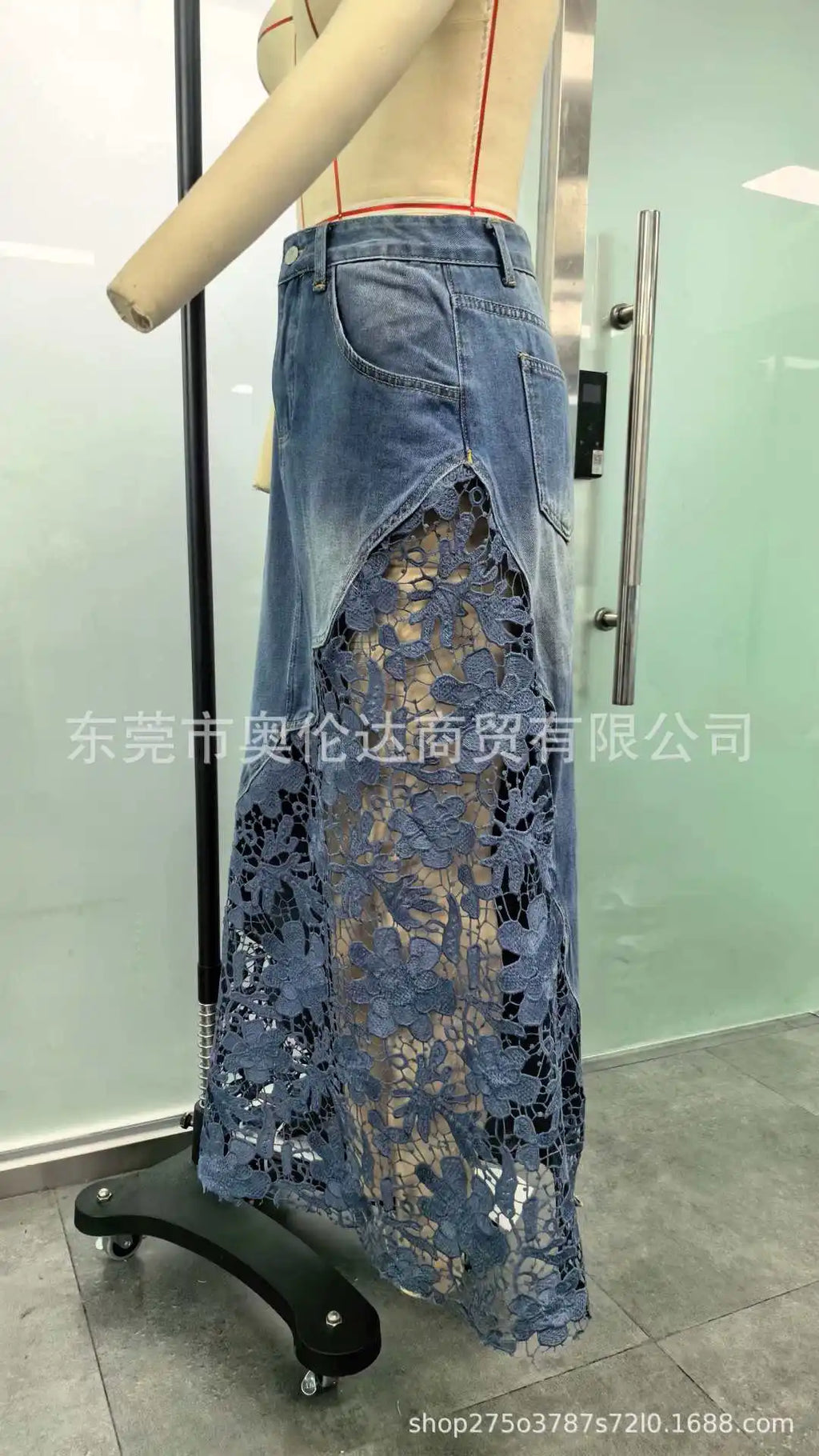 Women High Waist Denim Maxi Skirt Asymmetrical Floral Hollow Lace Patchwork Long Jean Skirt with Pockets Boho A Line Skirt