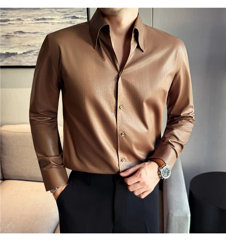 Men's 2026 Spring Luxury Lyocell Cotton Shirt, Leather-Like Texture Jacquard V-Neck, Long Sleeve Business Casual Top
