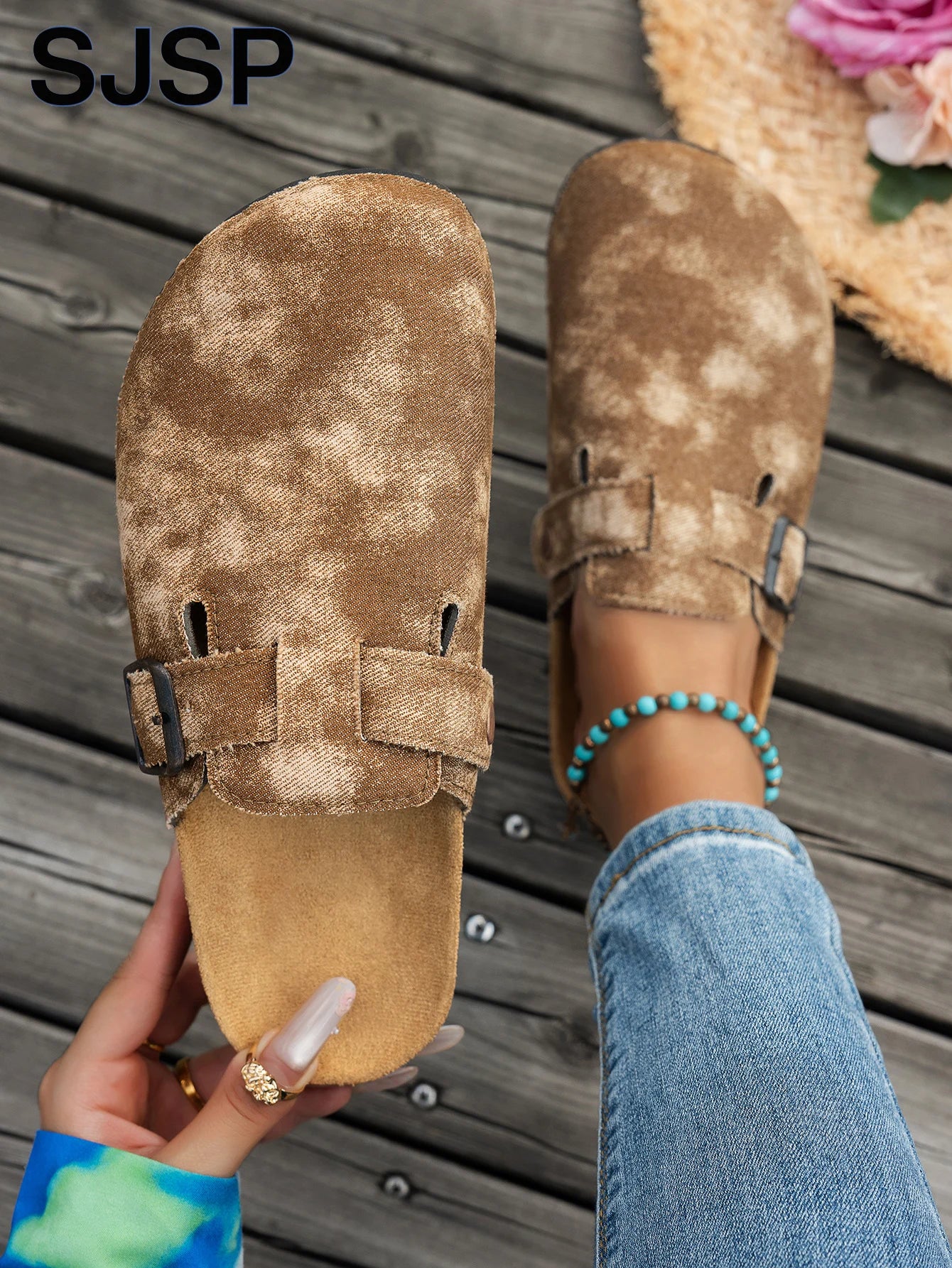 2025 New Model All-Season Autumn and Winter Women's Indoor and Outdoor Non-Slip Fashionable Casual Shoes with Cork Thick Sole, Flat Heel, Half-Covered Toe, Slip-On Slippers, Casual Buckle Slippers Suitable for All Seasons and