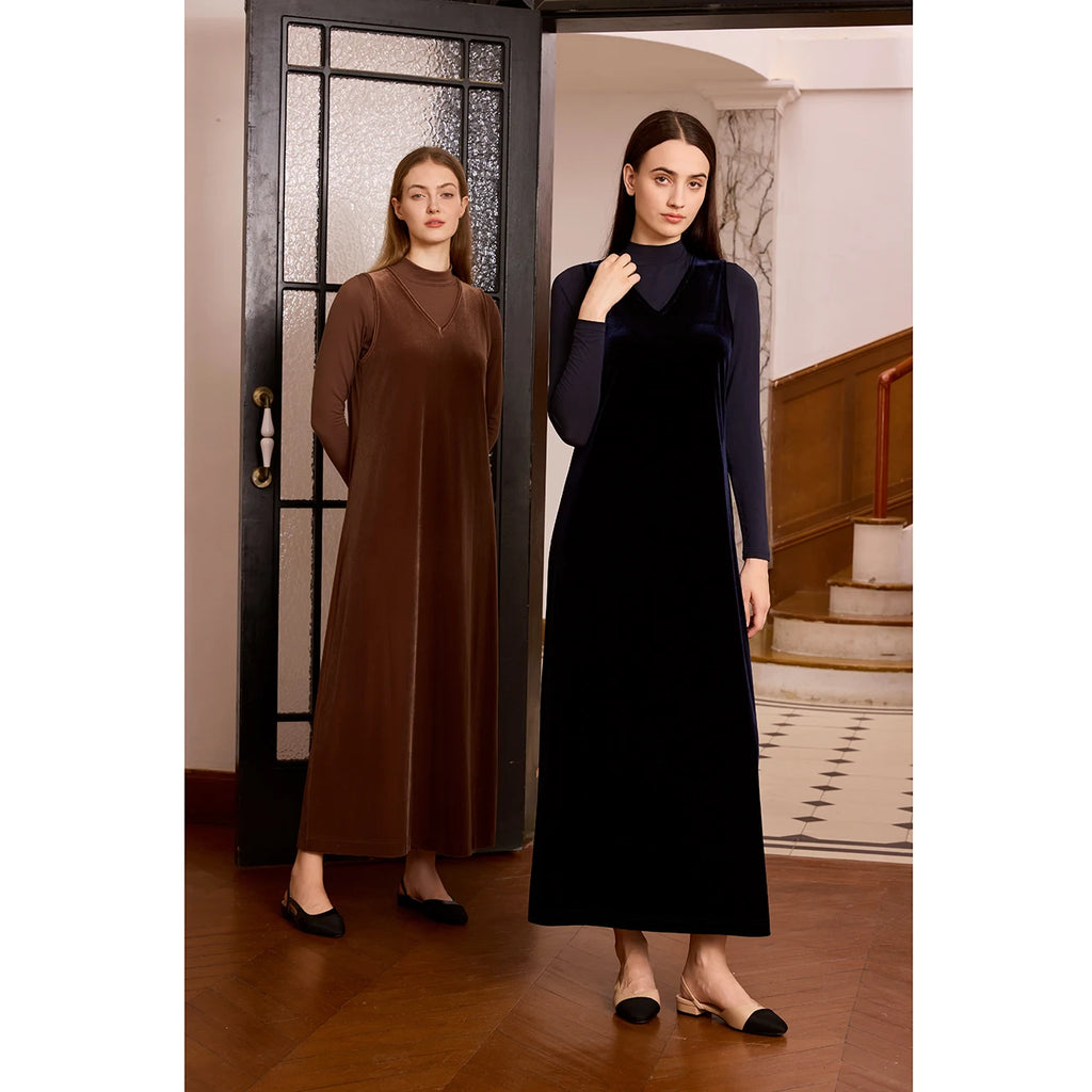 AP Women 2026 Autumn and Winter Modal Mesh Shirt and V Neck Velvet Maxi Dress High Quality