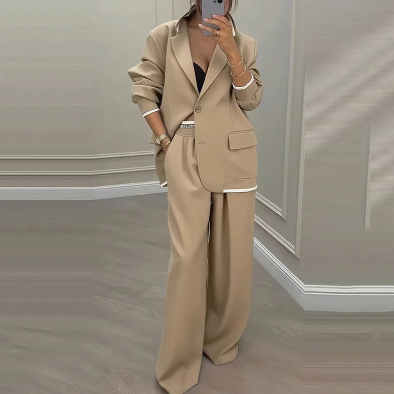Casual Women's Suit Set Autumn Sexy Turn down Collar Button Blazer & Straight-leg Pants Set Winter Solid Long Sleeve Chic Outfit