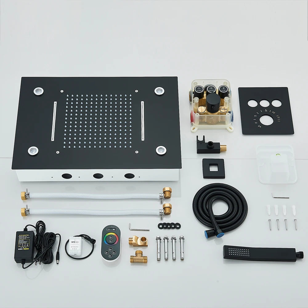 Digital Display Thermostatic Rain Shower System Set 14 X 20 Inch Waterfall Rainfall LED Ceiling Shower Head with HandShower