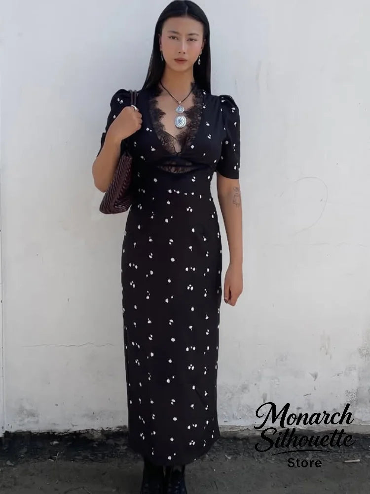 Satin Lace Patchwork Print Dress Women Black V-neck Short Sleeves High Waist Long Dresses Lady Hollow Out Daily Party Vestidos