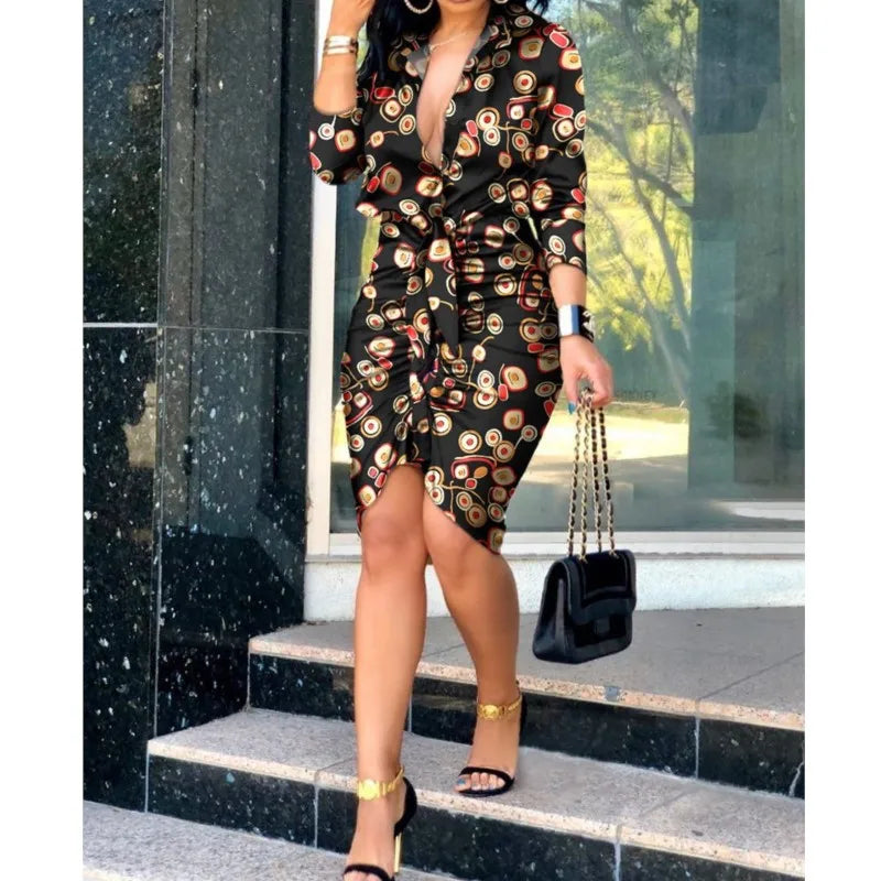 Summer Autumn New Elegant Ladies's Dress 2024 V-neck Strap Solid Color Elastic Waist Bag Hip Printed Long Sleeve Shirt Dress