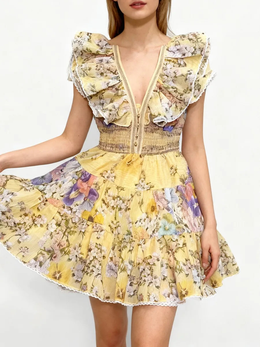 TWOTWINSTYLE Slimming Printing Spliced Ruffles Folds Elegant Dresses for Women V Neck Sleeveless High Waist Dress Female Clothes