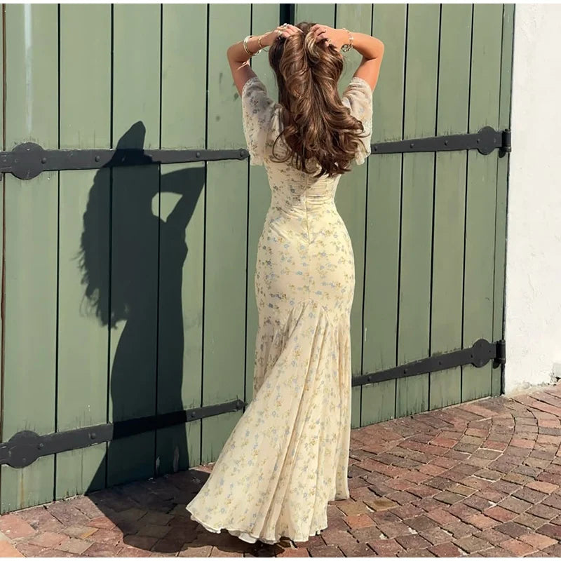 Elegant Sexy Print Fish Dress Women V Neck Short Sleeves High Waist Ruffles Split Vestidos Female 2026 Summer New Chic Dresses