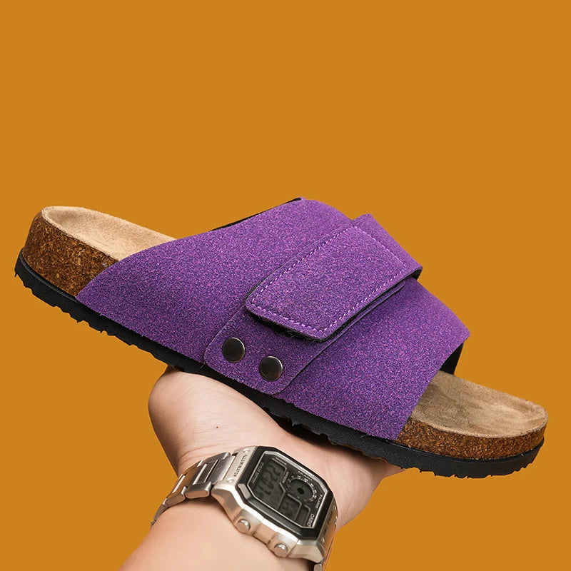 Men's Cork Slippers Suede Leather Clogs with Open Upper Comfort Footbed Adjustable Sandals Slides Indoor Home Shoes Women Couple