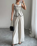 New Women's Elegant Button Vest & Wide Leg Pants Set Temperament Two Piece Outfits Woman Summer Fashion Two-Piece Casual Sets