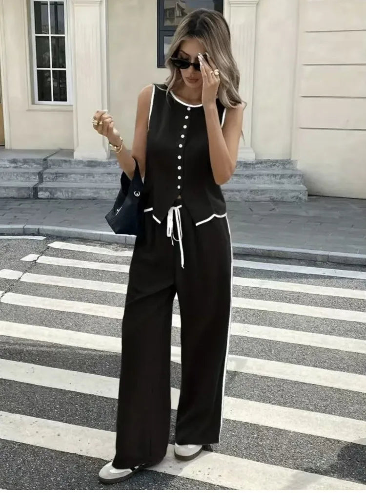 2026 New Multi Color Contrast Edge Tank Top and Trousers Suit Ladies Sleeveless Waistcoat Loose Pants Daily Travel Streetwear