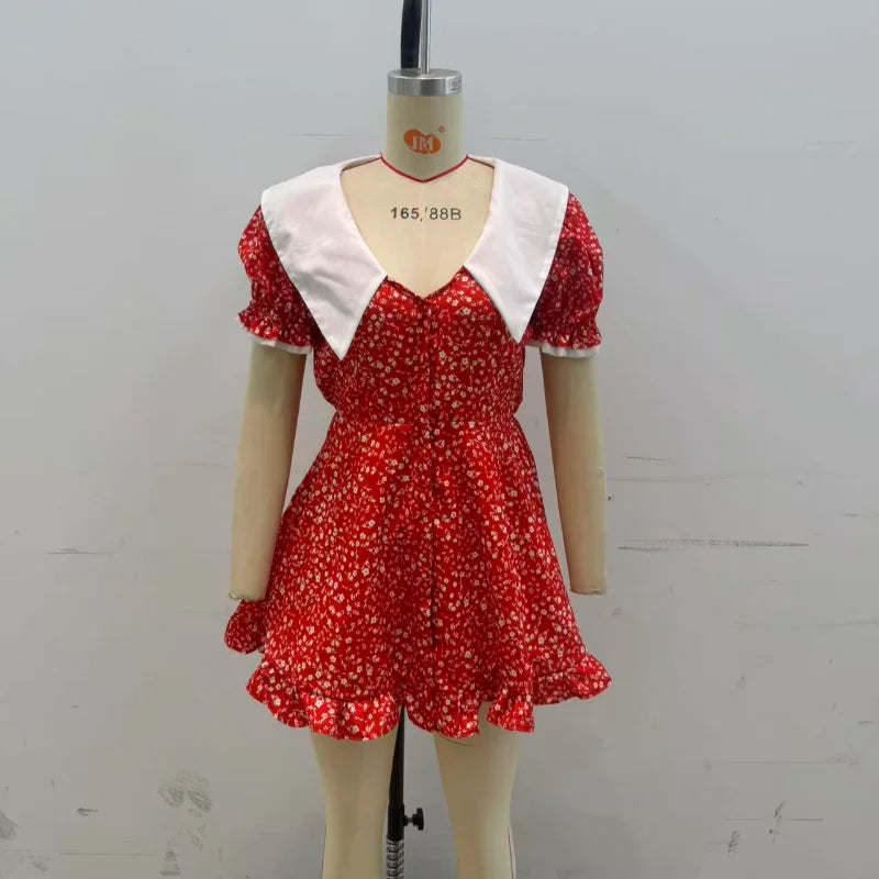 Red Floral Print Peter Pan Collar Dress Women Puff Sleeve V-neck High Waist A-line Mini Dresses Lady Evening Dinner Vestido 2026