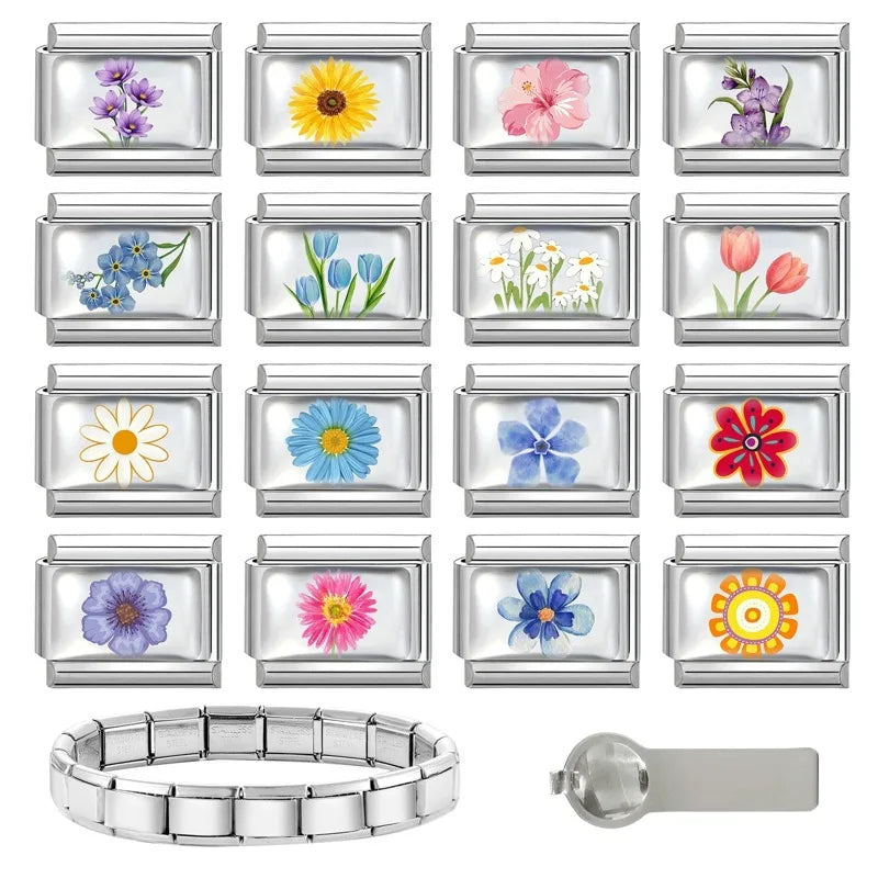 2025 Women's Fashion Colorful Flowers Sunflower Tulip Orchid Daisy Italian Charms Fit 9mm Stainless Steel Bracelet DIY Jewelry