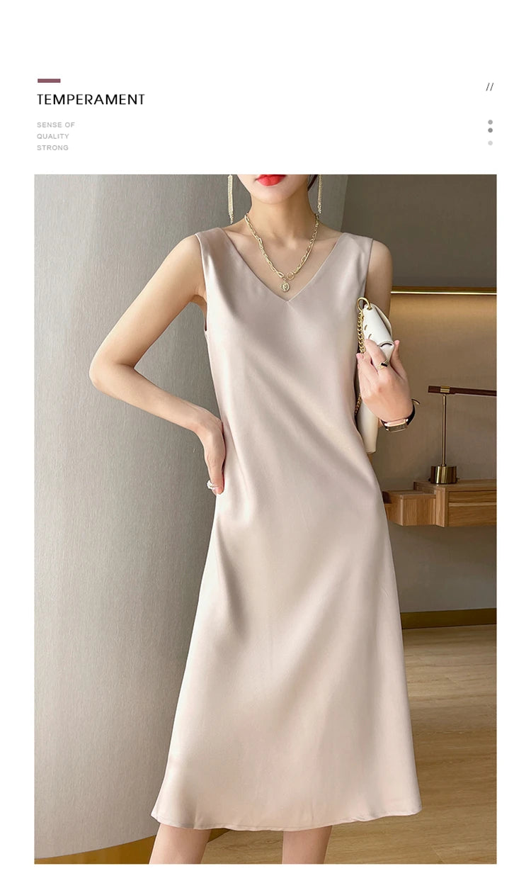 LHZSYY Silk Satin Front/Back V-neck Sling Dress Women's Sleeveless Waistcoat Top Spring Summer New Mulberry Silk Hip Long Skirts