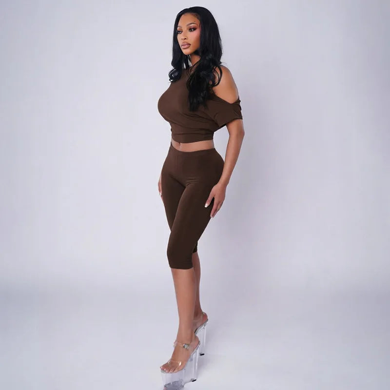 One Shoulder Solid 2 Piece Set Women Summer Short Sleeve Crop Top Shirt Pant Matching Sets Beach Vacation Outfit Streetwear Gift