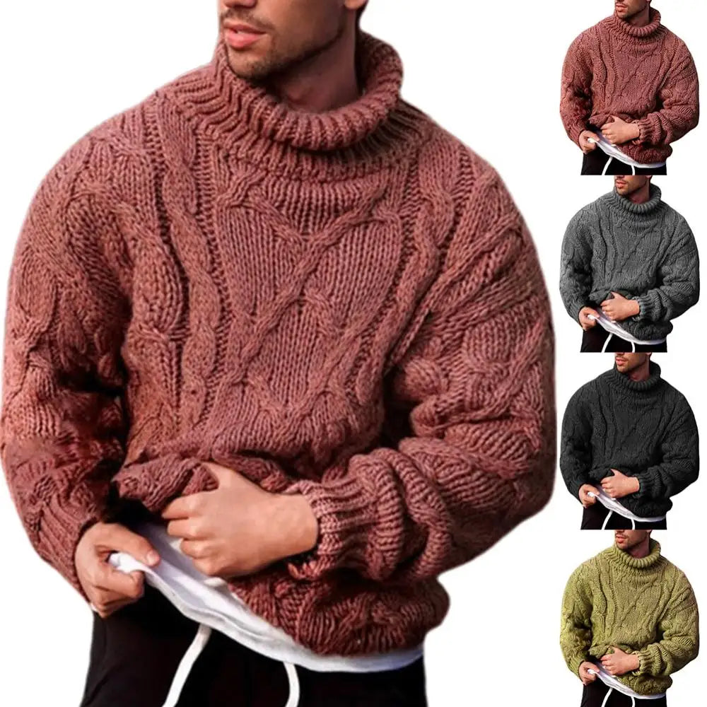 Fashion Cotton Winter Sweater Solid Color Autumn Warm Slim Fit Men Pullover Men's Twist Braid Knit Turtle-Neck Jumper свитер