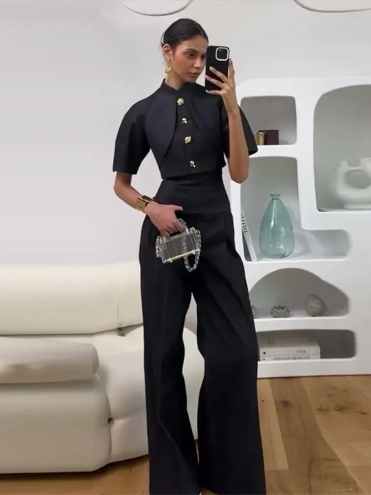 Street Denim Top Pants Women Set Short Sleeve Stand Collar Coats Wide Leg Trousers 2026 Summer Autumn 2 Pieces Set Women New