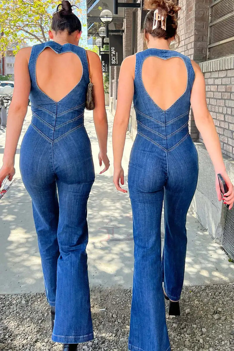 Fashion Denim Jumpsuit Women's Sexy New Tank Slim Sleeveless High Waist Hollow Zipper Backless Love Jumpsuits Streetwear Women