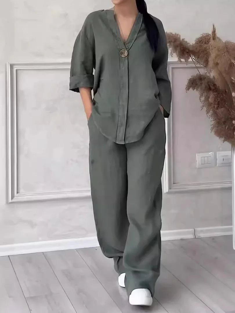 Casual Solid Color Pullover Long Pants 2-piece Set Women's Cotton and Linen Pants Suit White Pink