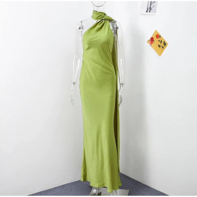 Backless Satin Long Sling Dress Women V Neck Sleeveless Slit Solid Sexy Party Dresses 2026 Summer Lady Vacation Evening Robes