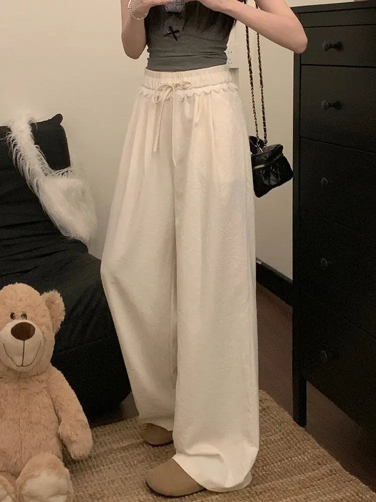 Women Lace Trim Wide Leg Pants Elastic Drawstring Waist Loose Casual Trousers Multiple Colors