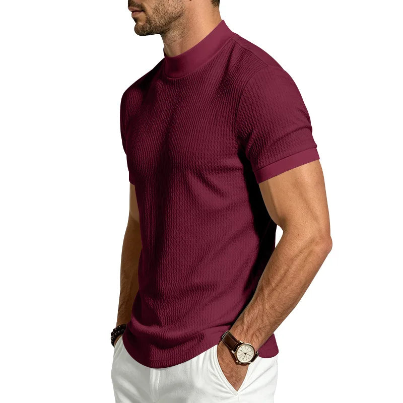 Men Summer Solid Jacquard Textured Mock Neck Short Sleeve T Shirt Slim Fit Simple Versatile Casual Daily Male Basic Tees