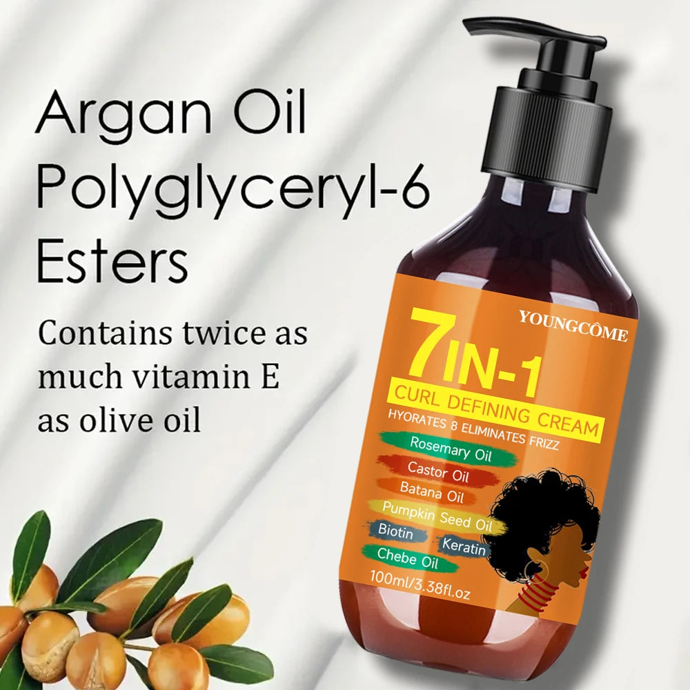 YOUNGCOME 7-IN-1 Curl Defining Cream- Defines Curls, Tames Frizz, Adds Smoothness and Texture for Curly and Wavy Hair
