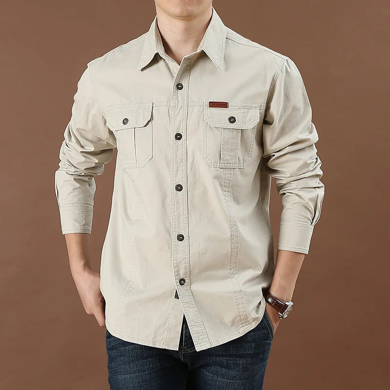 100% Cotton High Quality Spring Fall Fashion Men's Long-Sleeve Solid Color Casual Shirt Multi Pocket 6XL Large Size Cargo Jacket