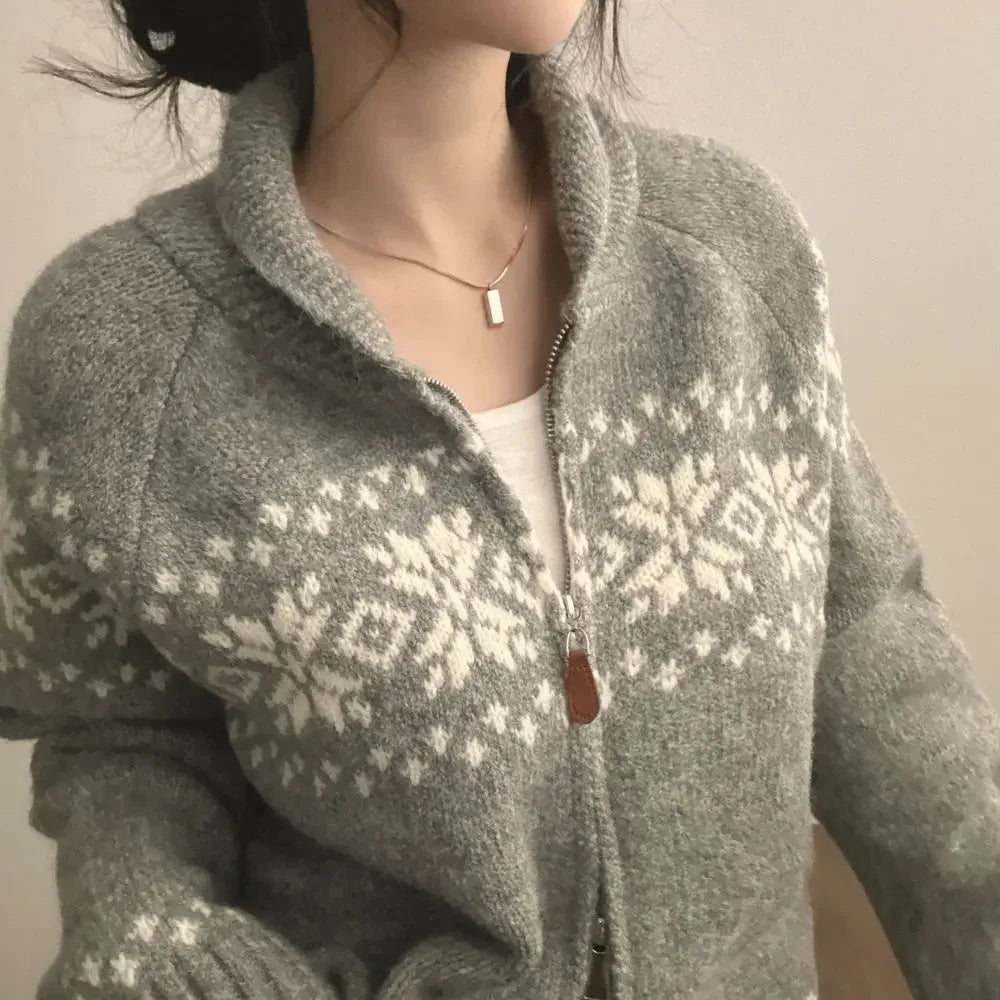 New Autumn Winter Women Fashion Elegant Knitwear Long Sleeve Sweater Fall Korean Style Casual Knitted Top Zipper Lapel Jacket