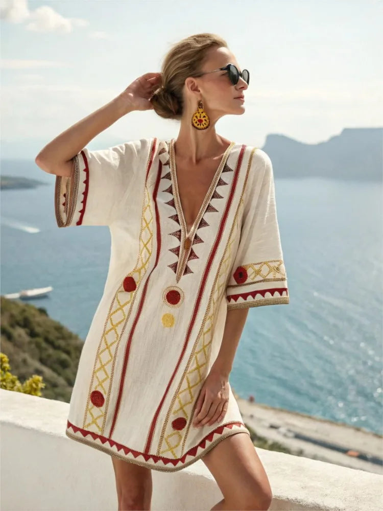 Fashion Retro Printed Short-sleeved Loose Women's Dress New Summer Style Deep V Neck Casual Seaside Vacation Female Dresses 2025