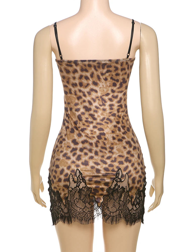 Weird Puss Leopard Print Wild Style Dress Women Mesh Patchwork Sling Low-Neck Sleeveless Hot Girls Street Fashion Mini Bodycon