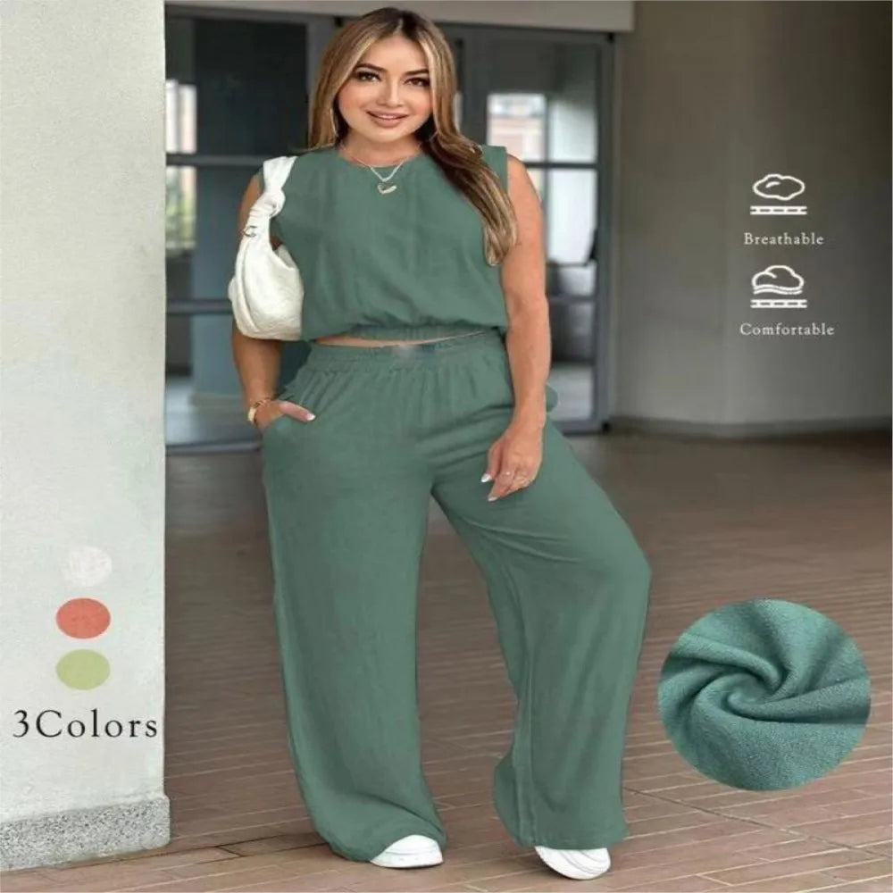 Fashion Ultra-short Sleeveless Top Trousers 2-piece Set Summer New Casual Pocket Loose Wide-leg Trousers Female Office Set 2025