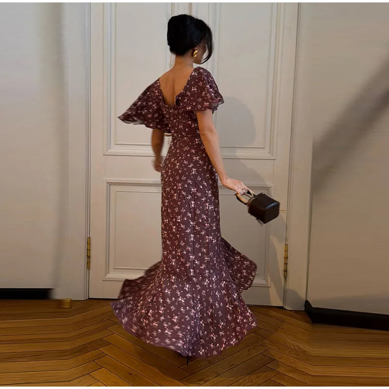 Elegant Print Women Long Dress Chic Ruffle Pleated Short Sleeve V-neck Waist-Closed Female Dresses 2026 Summer Beach Lady Robe